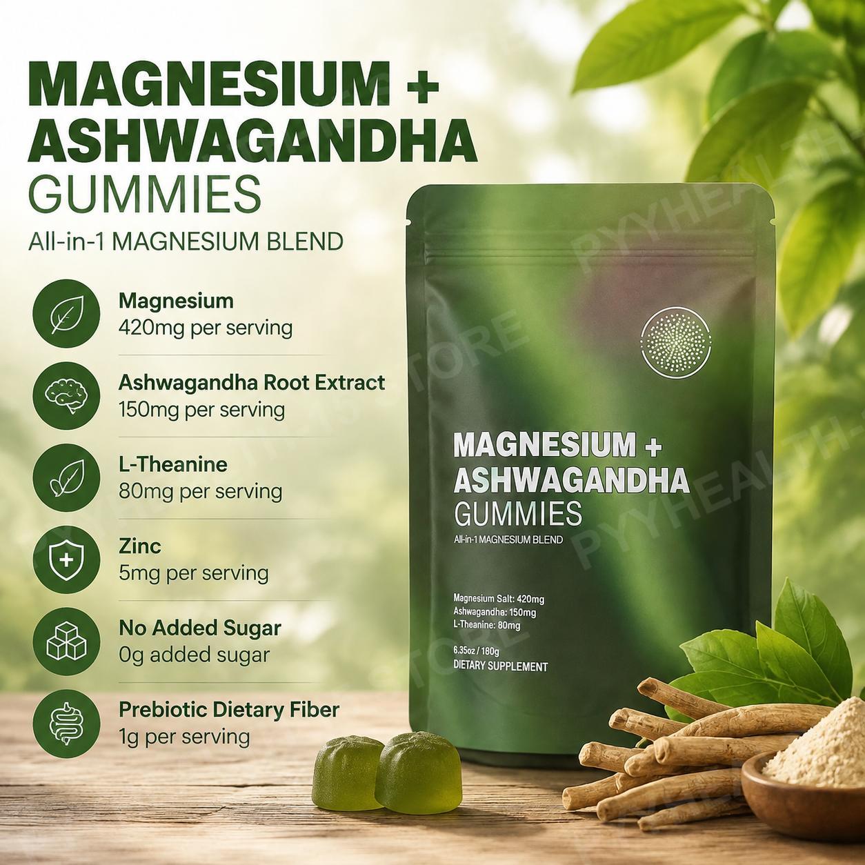 Ashwagandha Extract Root - Gomitas de Magnesio + Ashwagandha con